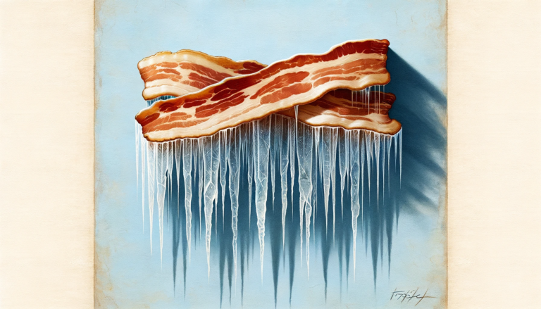 Frozen Bacon With Icicles Hanging Off Set Against A Light Blue Background