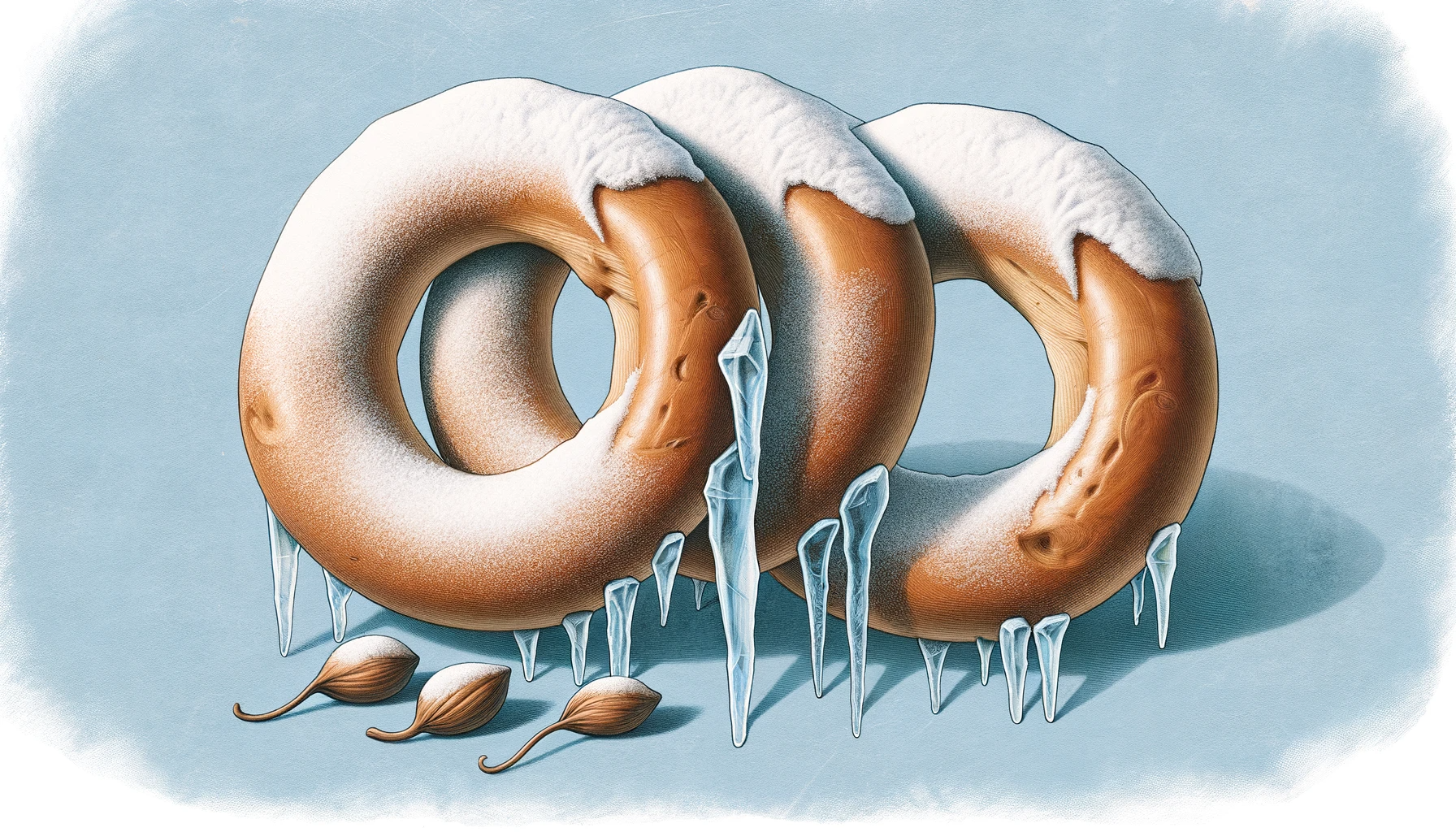 Frozen Bagels With Icicles Hanging Off Set On Top Of A Dark Blue Background