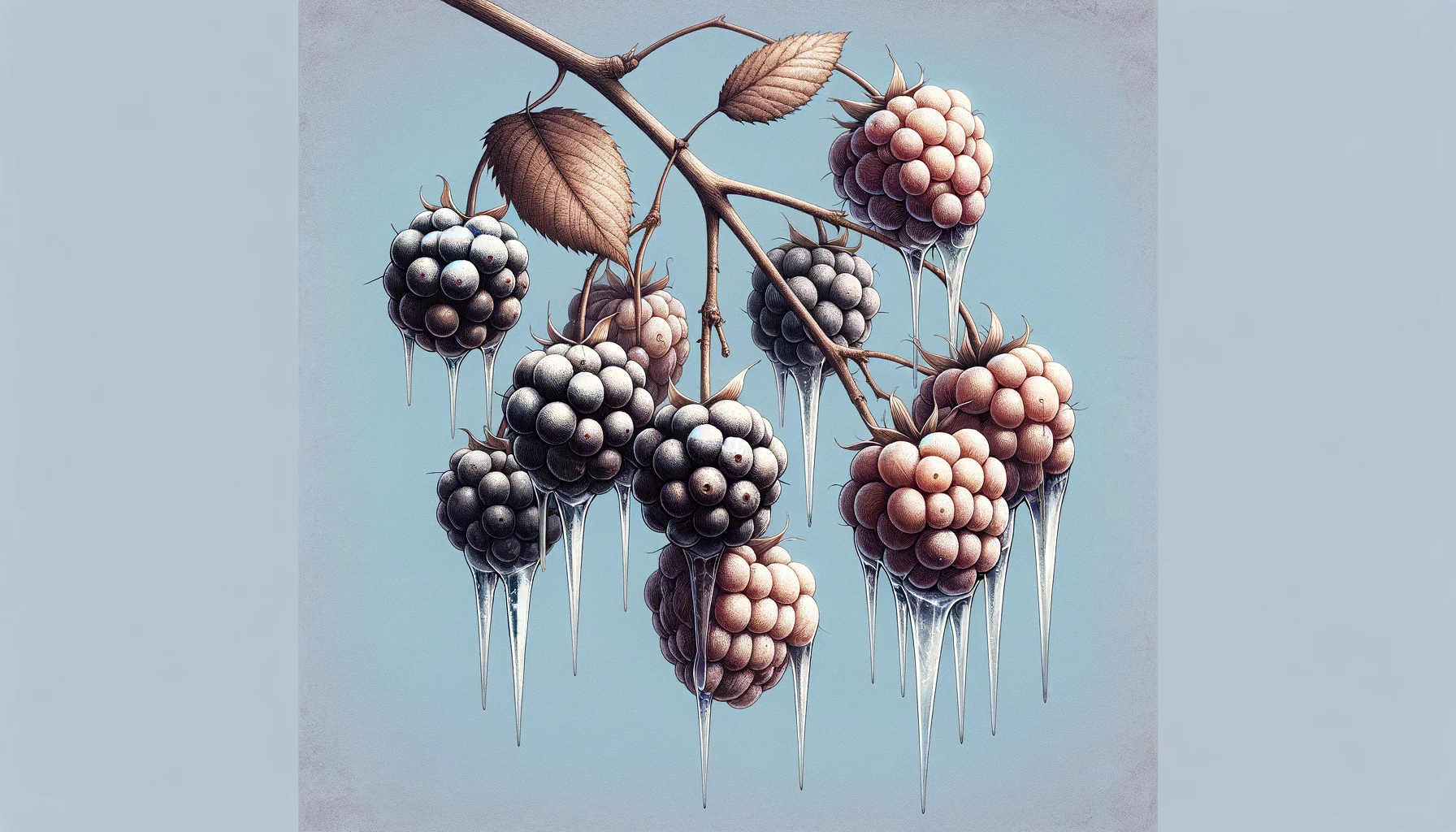 Frozen Blackberries With Icicles Hanging Off Set On Top Of A Light Blue Background