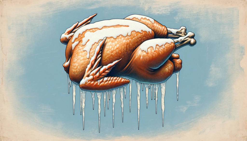 Frozen Chicken With Icicles Hanging Off Set On Top Of A Dark Blue Background