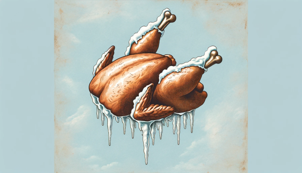 Frozen Cooked Chicken With Icicles Hanging Off Set Against A Light Blue Background