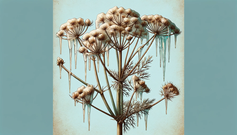 Frozen Dill With Icicles Hanging Off Set Against A Light Blue Background