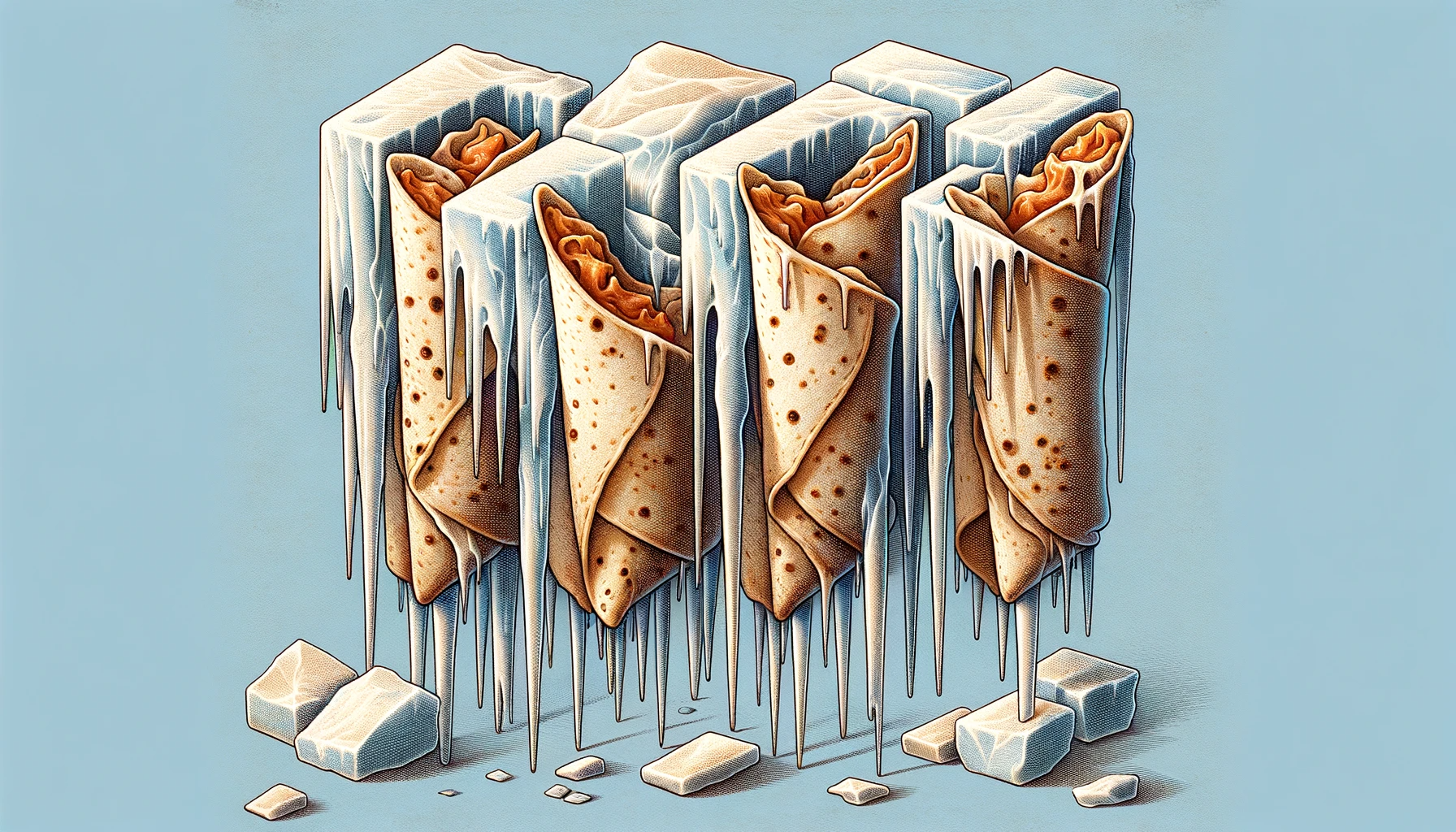 Frozen Enchiladas With Icicles Hanging Off Set On A Dark Blue Background