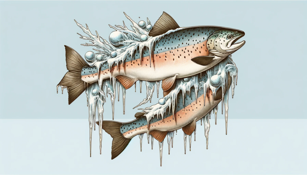 Frozen Salmon With Icicles Hanging Off Set On A Light Blue Background