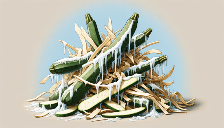 Frozen Shredded Zucchini With Icicles Hanging Off Set On Top Of A Dark Blue Background