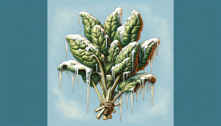 Frozen Spinach With Icicles Hanging Off Set Against A Dark Blue Background