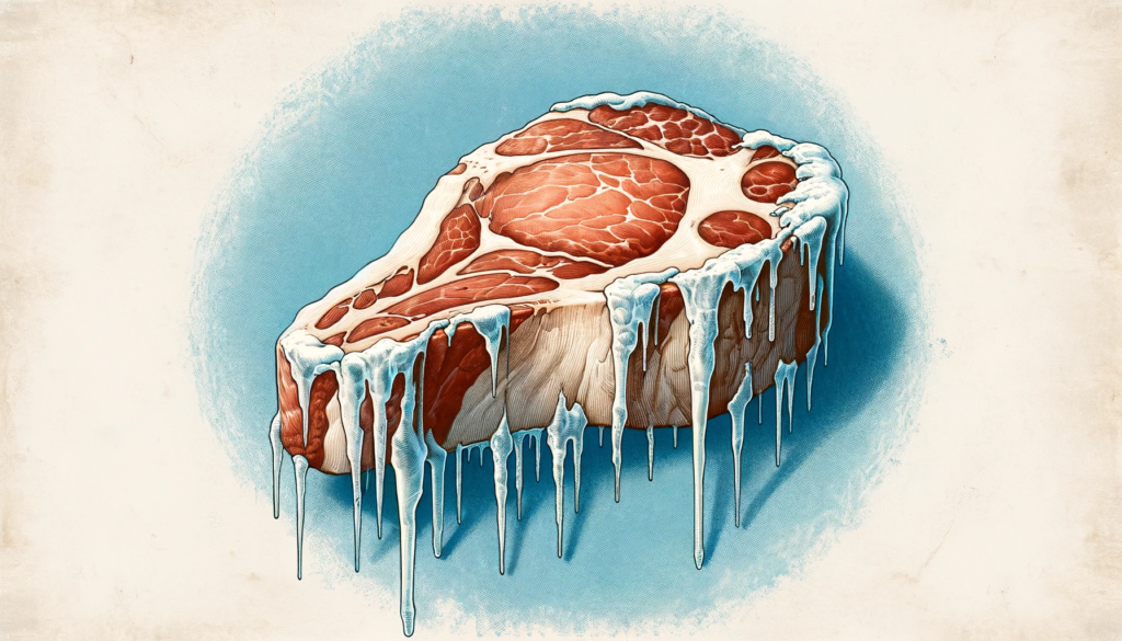 Frozen Steak With Icicles Hanging Off Set On A Dark Blue Background