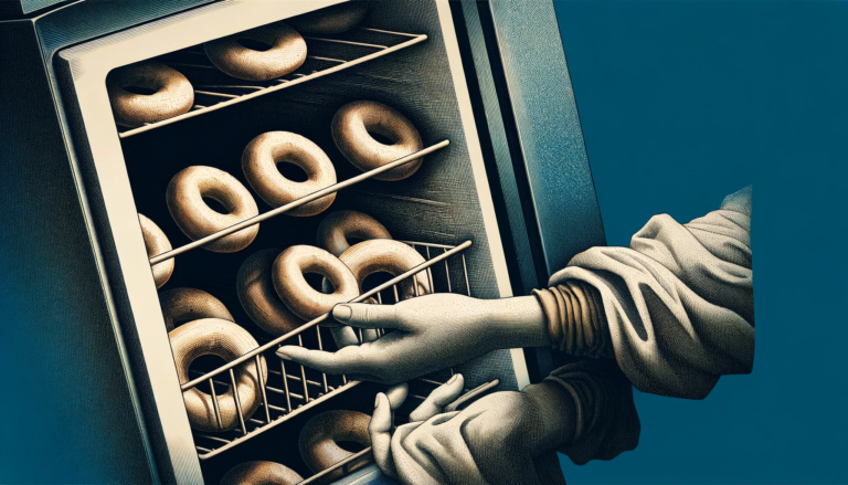 Frozen Bagels Being Placed Into A Freezer By Human Hands Set On A Dark Blue Background