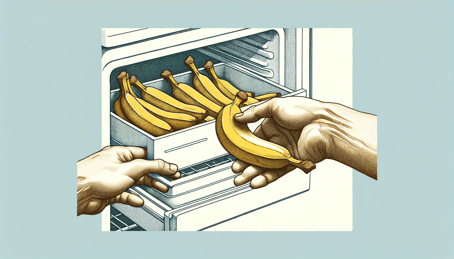 Tasty-Looking Bananas Being Placed Into A Freezer By Human Hands Set On A Light Blue Background