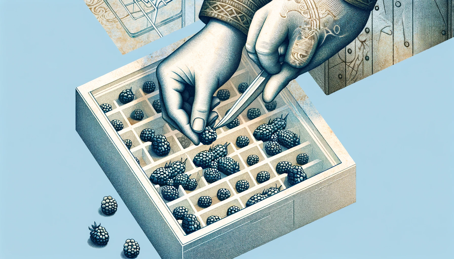 Frozen Blackberries Being Placed Into A Freezer By Human Hands Set On A Light Blue Background