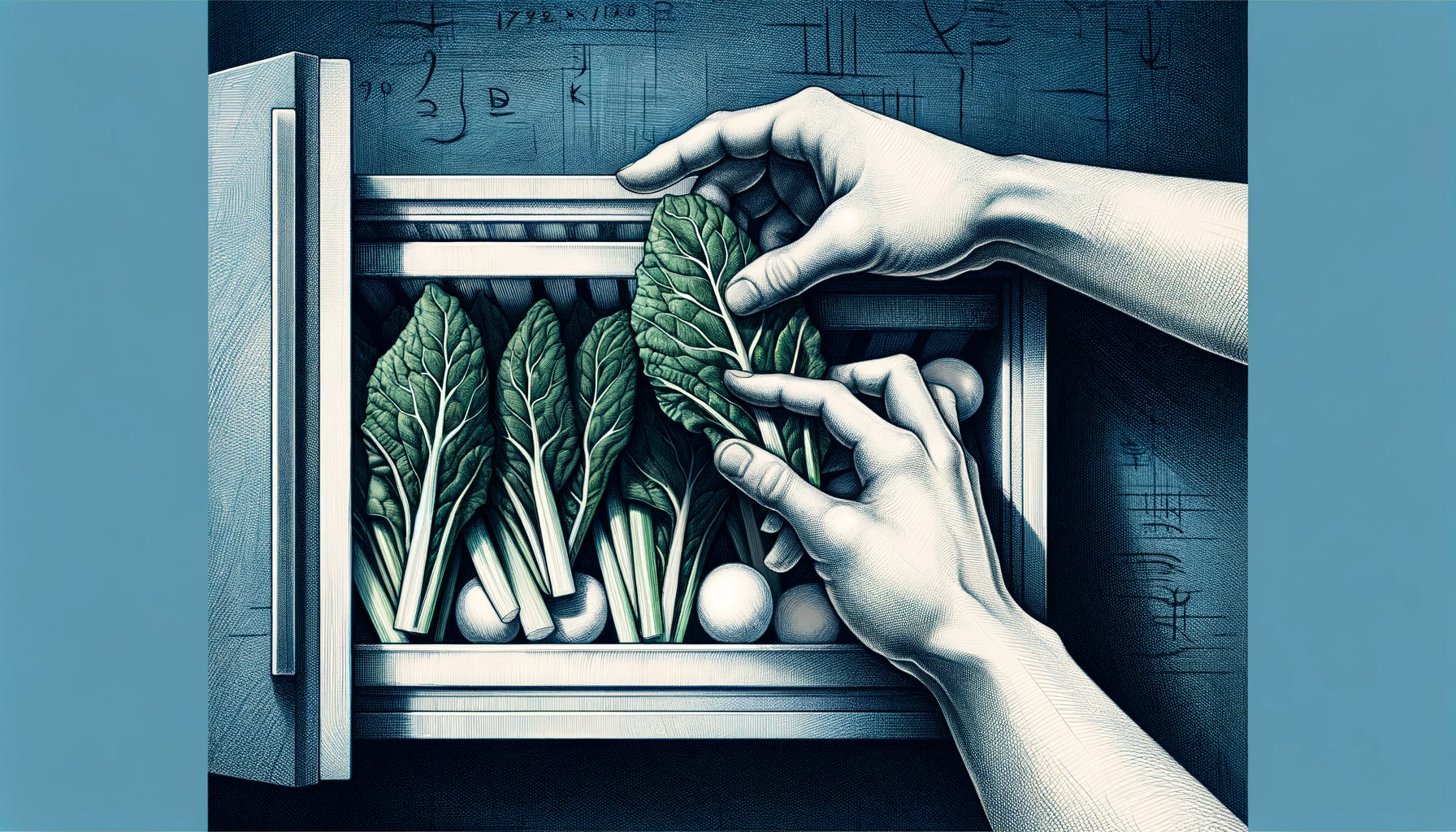 Frozen Collard Greens Being Placed Into A Freezer By Human Hands Set Against A Dark Blue Background