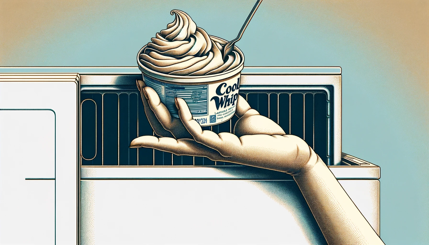 Tasty-Looking Cool Whip Being Placed Into A Freezer By Human Hands Set On A Light Blue Background