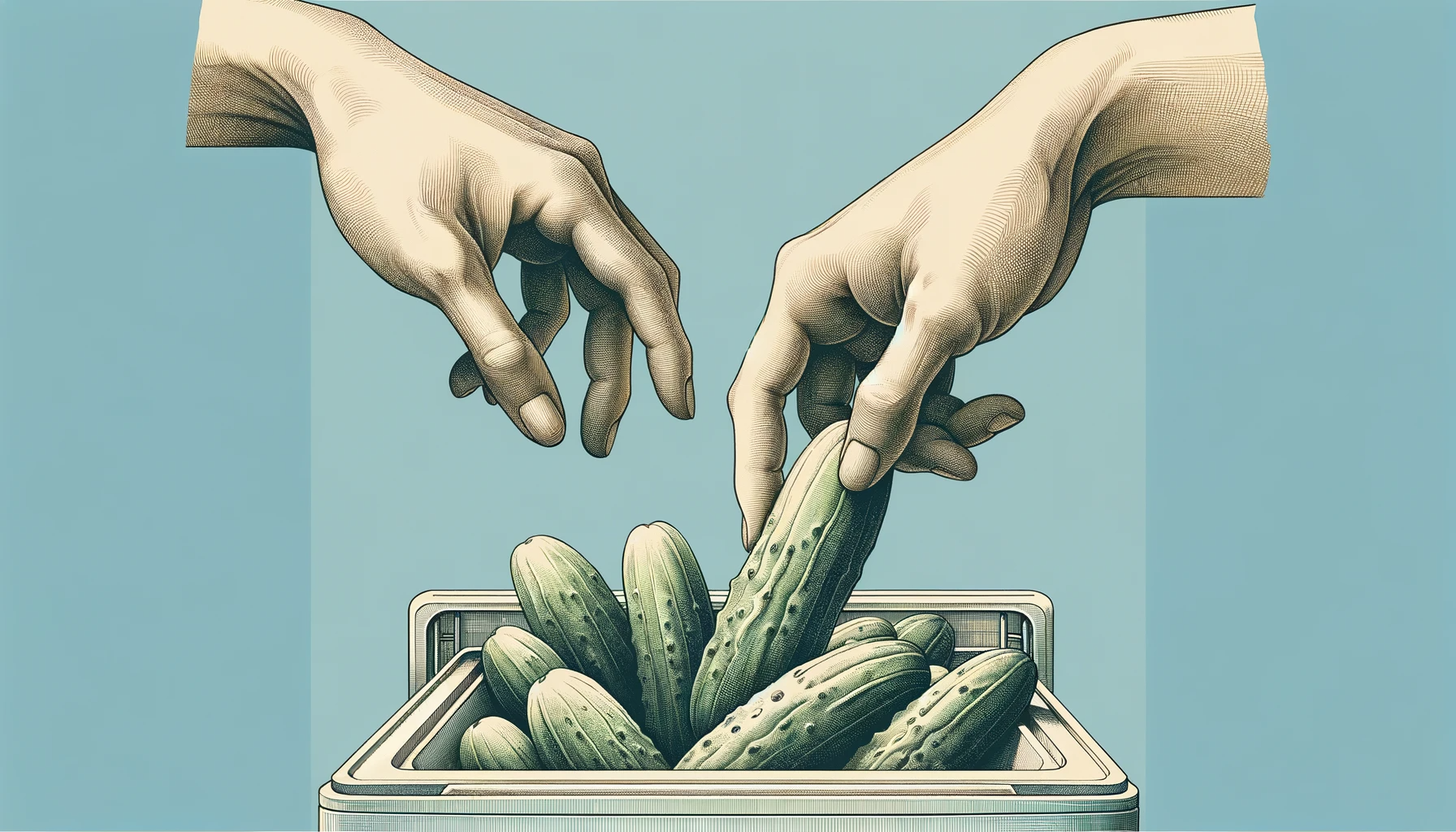 Frozen Cucumbers Being Placed Into A Freezer By Human Hands Set Against A Light Blue Background