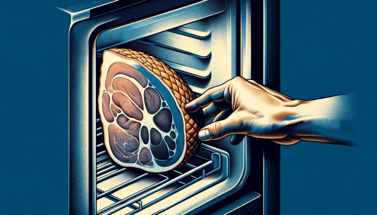 Tasty-Looking Ham Being Placed Into A Freezer By Human Hands Set On A Dark Blue Background