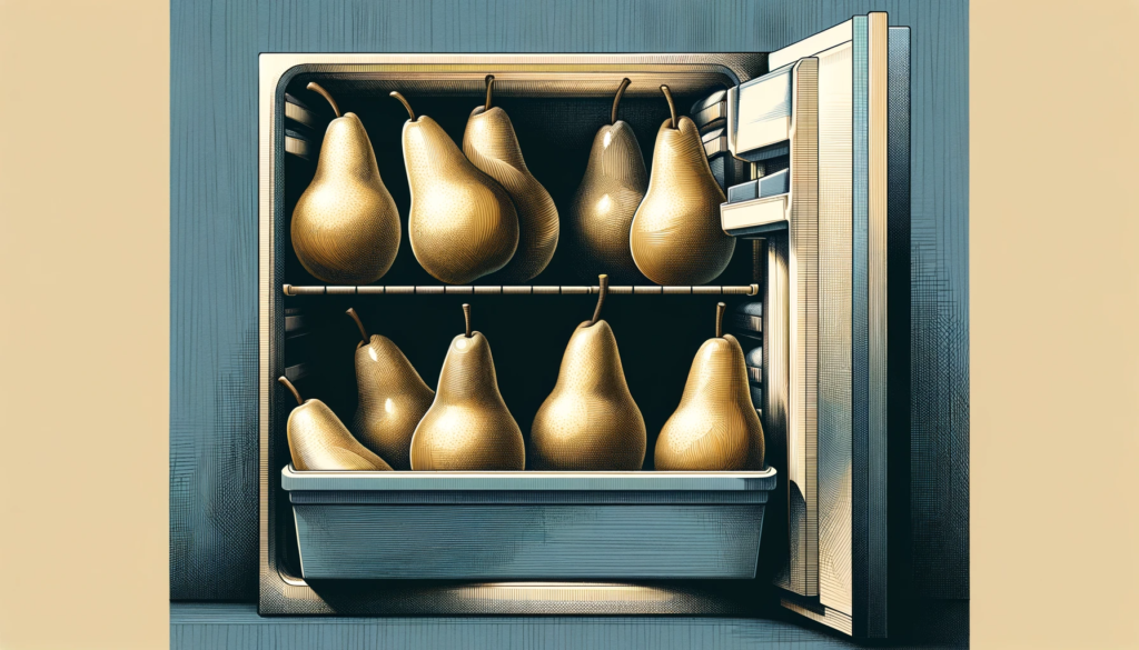 Delicious Pears Inside A Freezer Set On Top Of A Dark Blue Background