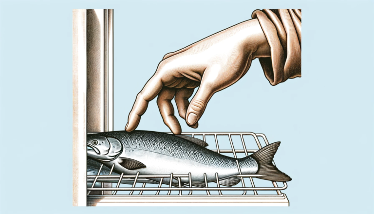 Frozen Salmon Being Placed Into A Freezer By Human Hands Set Against A Light Blue Background