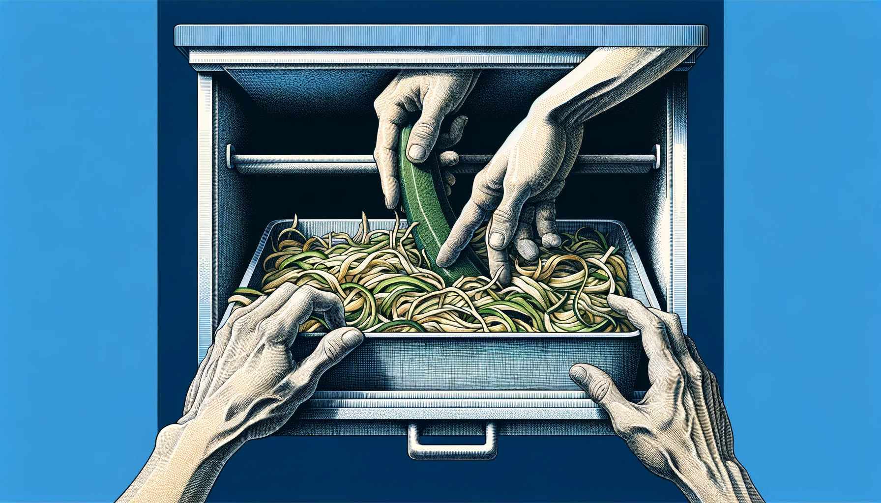 Tasty-Looking Shredded Zucchini Being Placed Into A Freezer By Human Hands Set On A Dark Blue Background