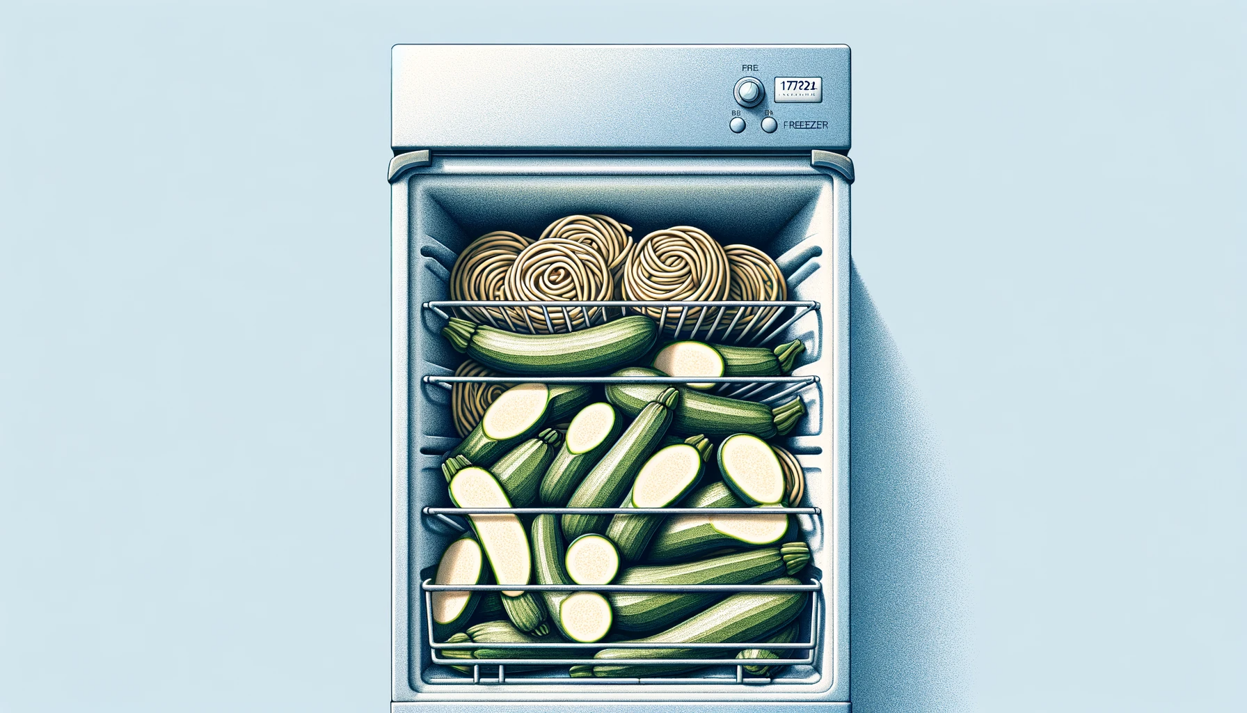Delicious Zucchini Noodles Inside A Freezer Set On Top Of A Light Blue Background